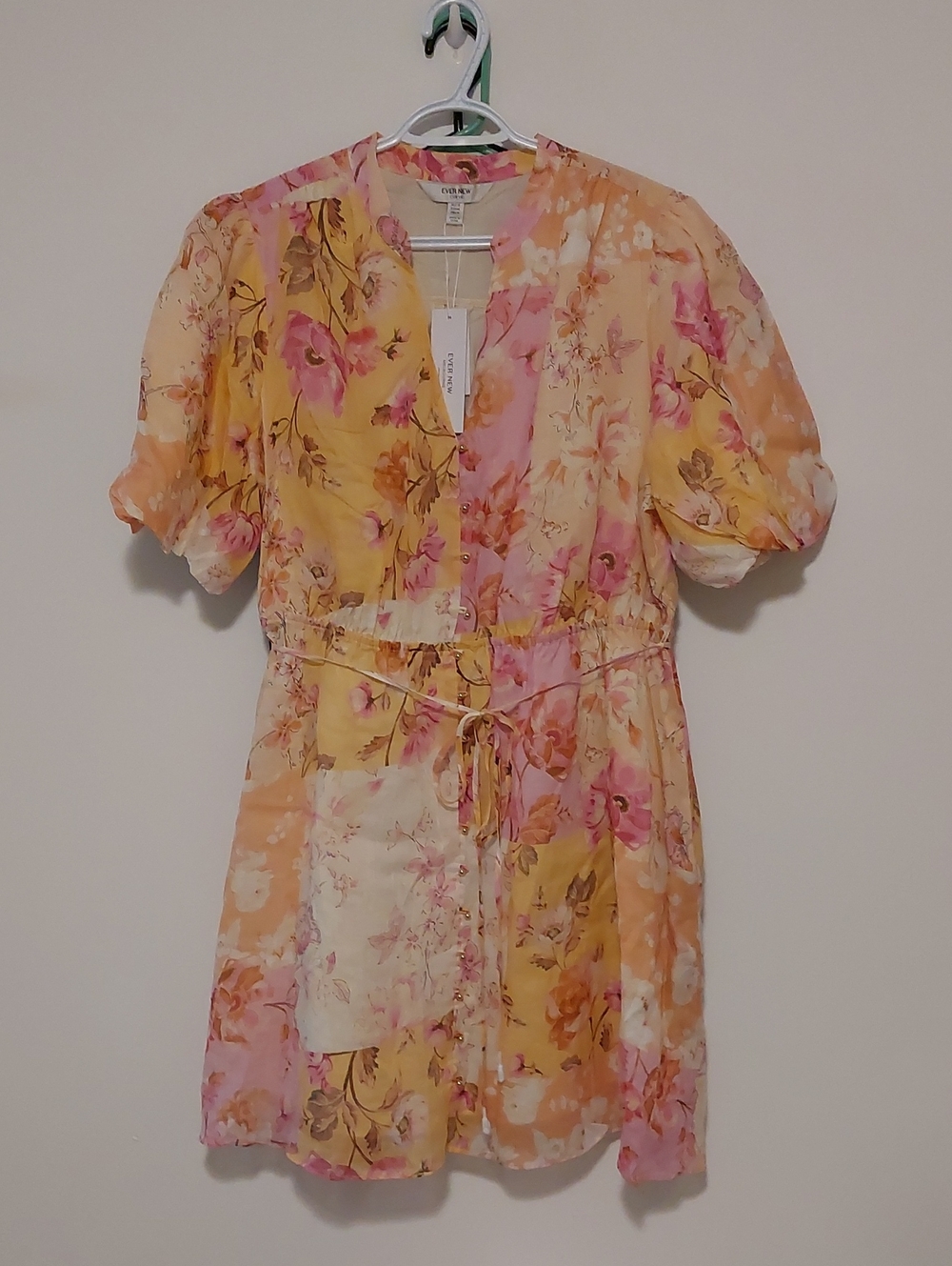Ever New Floral Puff-Sleeve Pink & Mustard Mini Dress NWT Size 14 - Picture 2 of 16
